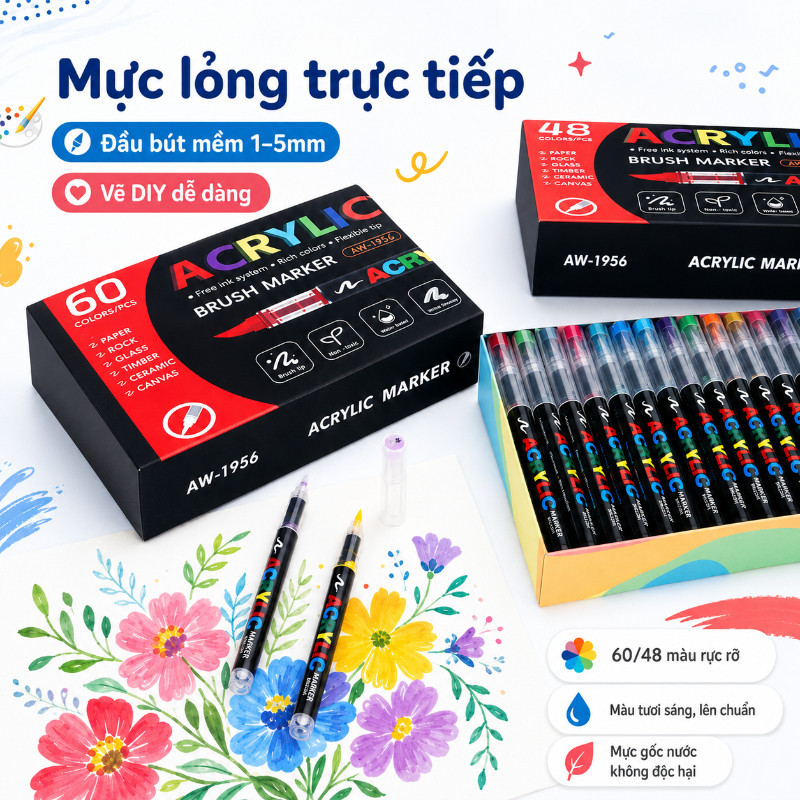 Bút marker acrylic dạng lỏng,12/24/36/48/60 Cây,Mực Lỏng Cho Màu Sắc Rực Rỡ,Bút marker chồng màu được