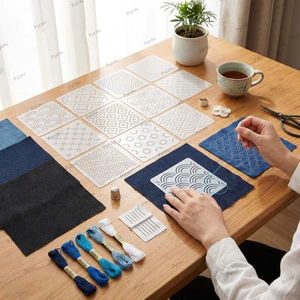 PYCOU 45 chiếc Sashiko Stencil Kit, Mẫu thêu Sashiko thủ công họa tiết hình học, PET DIY Bộ ren Sashiko có thể tái sử dụng Đồ dùng sửa chữa