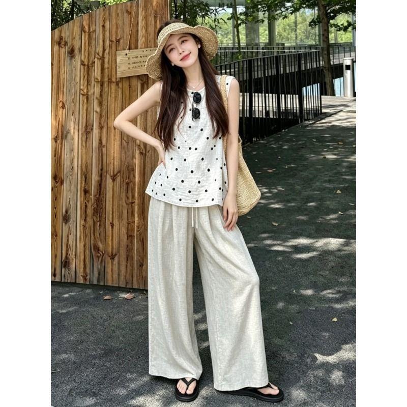 [Giảm giá 50%] Áo Vest không tay chấm bi phong cách Hàn Quốc Quần ống rộng Bộ đồ cỡ lớn Quần dáng rộng