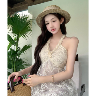 Váy Nữ liền thân cổ chữ V bằng ren thêu cotton dệt dày dặn, kiểu halter, thích hợp cho kỳ nghỉ hè