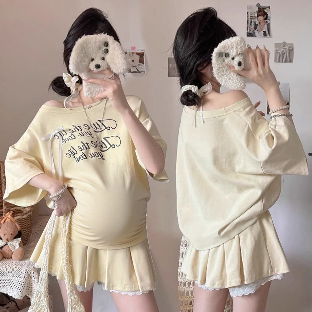 Bộ đồ bà bầu Áo thun ngắn tay bướm mùa hè + Váy xếp li Bộ đồ hai mảnh