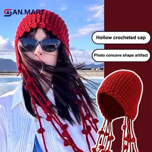 AN.MART Mùa Thu Đông Ấm Áp Mũ Len Dệt Tay Rỗng Túi Mũ Nữ Phong Cách Dân Tộc Viền Bảo Vệ Tai Mũ Dệt Kim VN