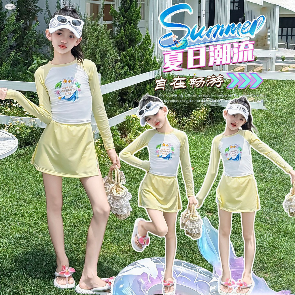 Bé Gái Chia Đồ Bơi Mùa Hè 2026 Phong Cách Mới Trẻ Em In Hình Hoạt Hình Áo Dài Tay + Váy Chia Đồ Bơi