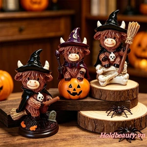 1pC Tượng Bò Cao Nguyên Bằng Nhựa Halloween Có Mũ Phù Thủy Và Mũi Chổi Tượng Động Vật Ma Quái Dễ Thương Trang Trí Bàn
