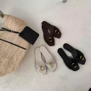 TT Khóa Kim Loại Dây Đeo Mỏng Bện Giày Sandal Đế Bằng Dép Nữ Tính Khí Lật