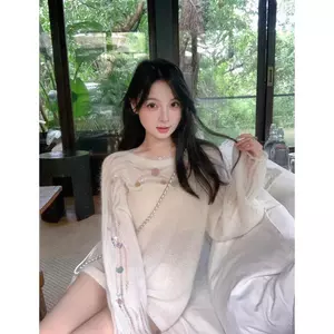 Áo len đính cườm rỗng màu trắng phong cách lười biếng Áo len dệt kim nữ mùa xuân thu phong cách mỏng mặc ngoài nhỏ dáng rộng
