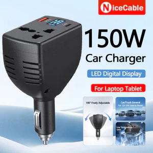 Bộ chuyển đổi biến tần gắn trên ô tô sạc nhanh 150W 180° Điều chỉnh miễn phí với màn hình kỹ thuật số LED 12V / 24V đến 110V / 220V, Bộ sạc ô tô cho điện thoại Máy tính bảng máy tính xách tay