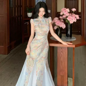 Canghailing Mèo Phong Cách Trung Hoa Mới Nhẹ Nhàng Tính Khí Thỏ Ngọc Jacquard Eo hẹp Sườn Xám Gilt Gạc Váy Đuôi Cá