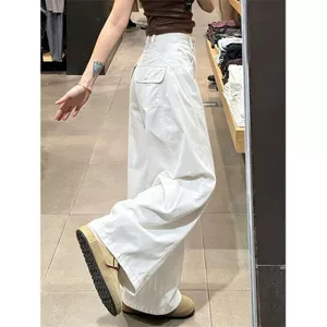 Quần jean ống rộng Machete màu trắng thông thường dành cho nữ, thiết kế phong cách mới mùa hè eo cao dáng rộng phù hợp