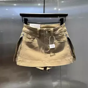 Mùa hè ngọt ngào mát mẻ Cô gái nóng bỏng Kaki Thiết kế dây kéo hai mặt Váy Denim Váy ngắn