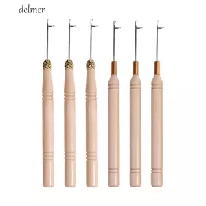 DELMER 3 Cái / bộ Móc Kim, Tay Cầm Bằng Gỗ Móc Kim Loại, Dụng Cụ May Dệt Tóc Đan Phần Mở Rộng Tóc Micro Móc Để Làm Tóc Giả