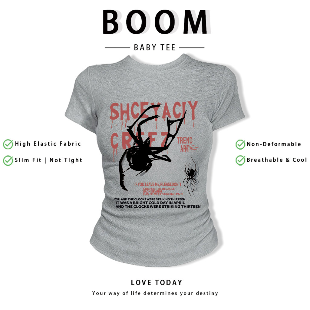 BOOM Áo Baby Tee Nữ Cotton Ôm Body-Áo Thun Ngắn Tay Y2K In Hình PhongCách Mùa Hè, Cổ Tròn Hàng Đầucách hàn quốc phong112