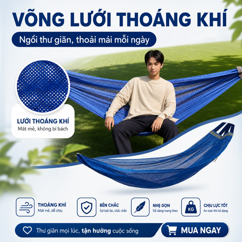 Võng Lưới Xếp Du Lịch Dã Ngoại Cán Thép – Lưới Võng Gấp Gọn, Không Dãn, Chịu Tải 250kg, Nhanh Khô