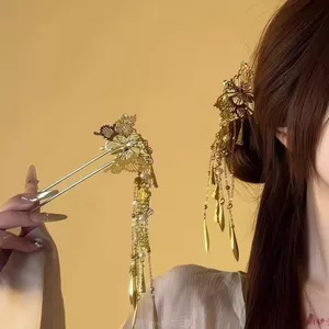 Cổ Vàng Bướm Tua Rua Hình Chữ U Kẹp Tóc Nữ Mới Phong Cách Trung Hoa Hanfu Lưng Đầu Tấm Kẹp Tóc Kẹp Tóc