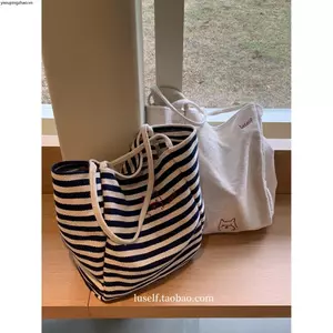 Luself Homemade < Happy Puppy} Túi vải sọc Niche thêu dung tích lớn Túi Tote phong cách lười biếng