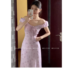 Váy hoa tím, váy dài ôm eo thanh lịch dành cho nữ, trang phục tiệc tối