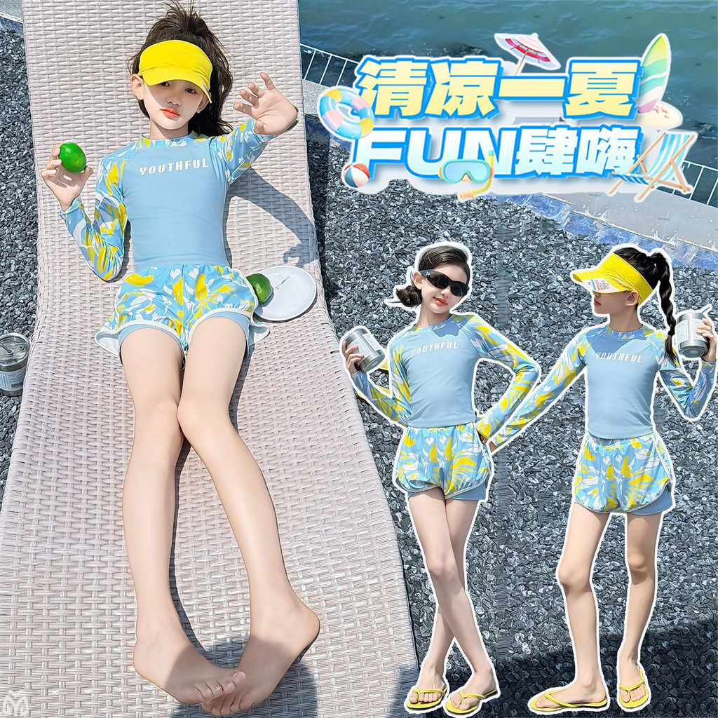 Bé Gái Mùa Hè Chia Hoa Đồ Bơi 2026 Trẻ Em Phong Cách Mới Dài Tay In Chữ Top + Quần Short Đồ Bơi