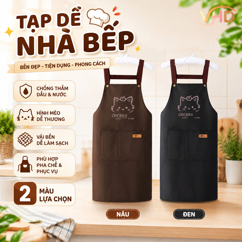 Tạp Dề Nhà Bếp Chống Thấm Dầu & Nước – In Hình Mèo Dễ Thương, Vải Bền Dễ Làm Sạch, Đồng Phục Pha Chế & Phục Vụ Cao Cấp