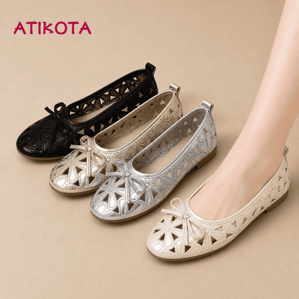 Atikota Nữ Hoa Rỗng Ra Nơ Trang Trí Slip On Giày Đế Bằng Thoáng Khí Nhẹ Đa Năng Thường Ngày Đi Lại Giày Cho Nữ