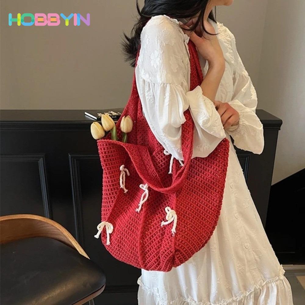 Túi đeo vai dệt kim HOBBYIN, Túi xách dệt rỗng nơ, Túi Tote họa tiết móc nhẹ thời trang phong cách Bohemian đi biển
