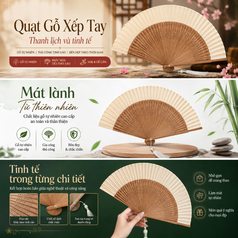 Quạt Xoè Cổ Điển Cầm Tay - Phụ Kiện Thời Thượng, Hoàn Hảo Cho Tiệc, Sự Kiện & Ảnh Nghệ Thuật