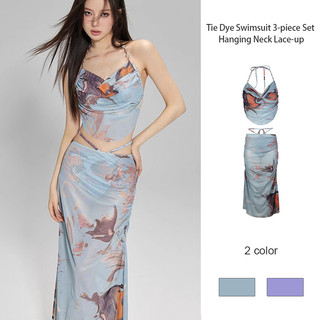 Bộ đồ bơi 3 mảnh nhuộm tie-dye, cổ trễ, buộc dây, váy dài, bikini xẻ tà gợi cảm dành cho nữ.