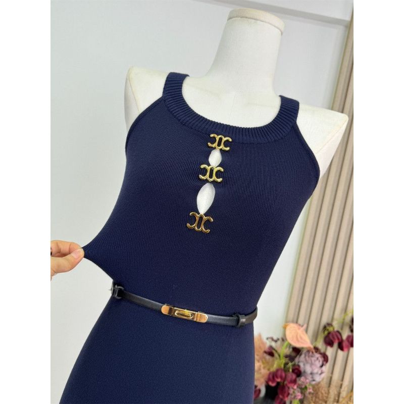 Váy dệt kim màu xanh hải quân Thiết kế rỗng Royal Sister Noble Tính khí Pure Desire Gợi cảm Slim-fit Váy dài có gương
