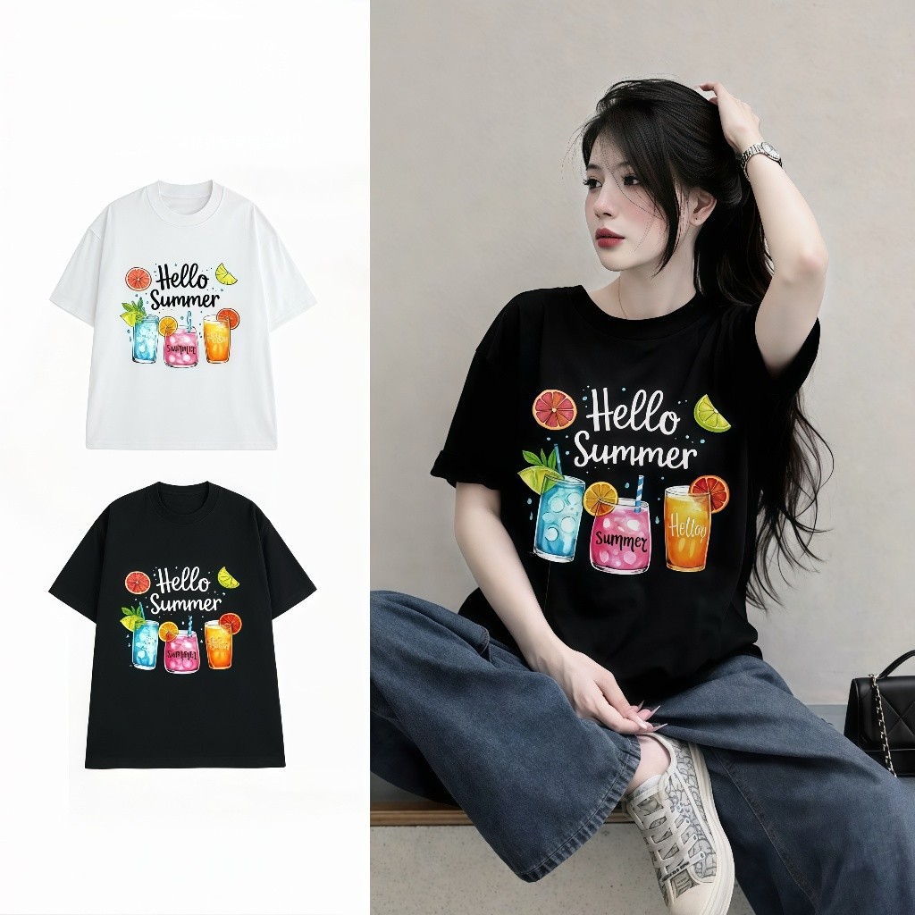 （Giao hàng 24h）Angela Áo Phông Nữ Form Rộng Boxy Cotton 2 Chiều In Hình Hello Summer Ly Nước Trái Cây Phong