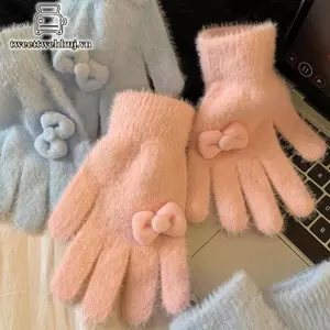 Tweeduj 1 Cặp Mùa Đông Sang Trọng Ấm Áp Thi Găng Tay Nữ Bé Gái Dễ Thương Màu Trơn Găng Tay Nơ Ngọt Ngào Găng Tay Đi Xe Đạp Học Sinh Quà Tặng VN