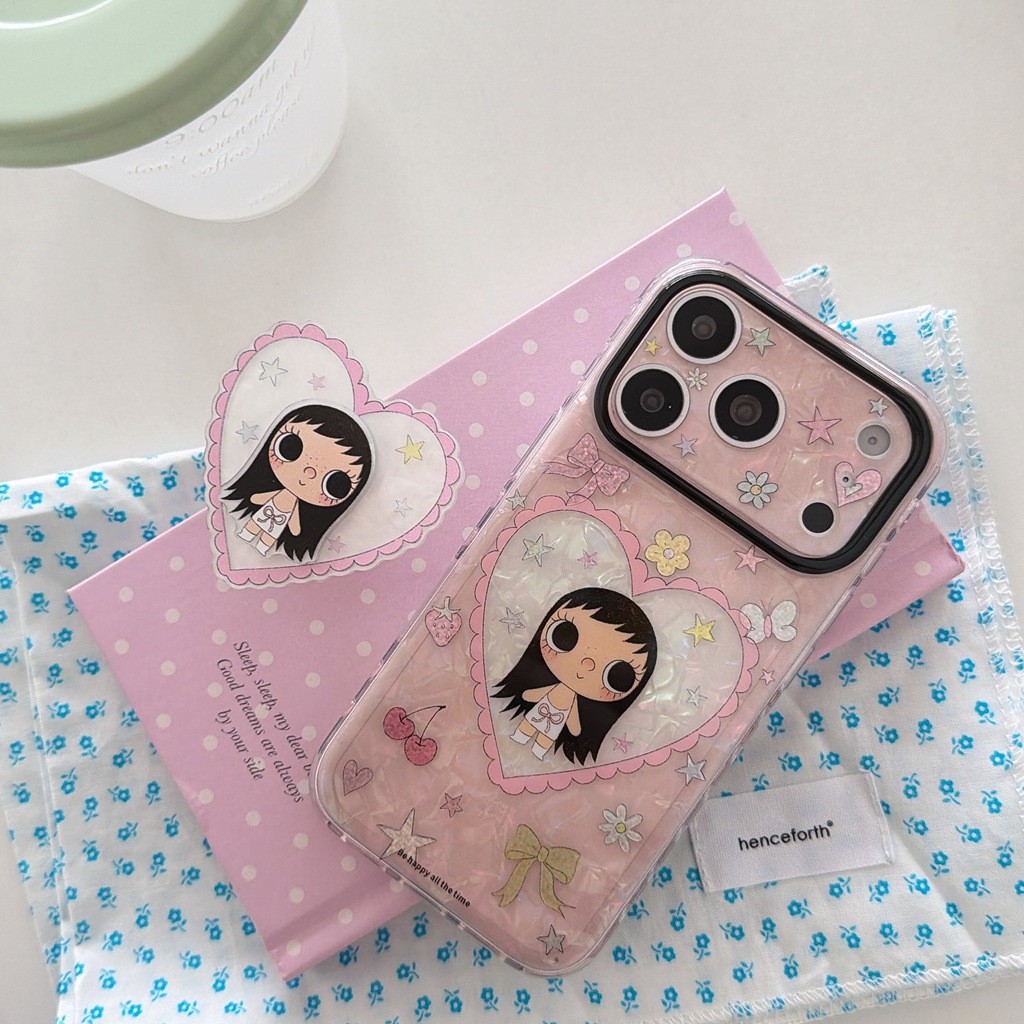 Vỏ Cho iPhone 17PM 16 Pro Max 15 IMD Craft Laser Shell Design YUY Girl Phim Hoạt Hình Chống Sốc TPU Mềm Chống Trầy Xước Chống Bụi Bẩn Vỏ Điện Thoại Có Chân Đế Trái Tim Tình Yêu