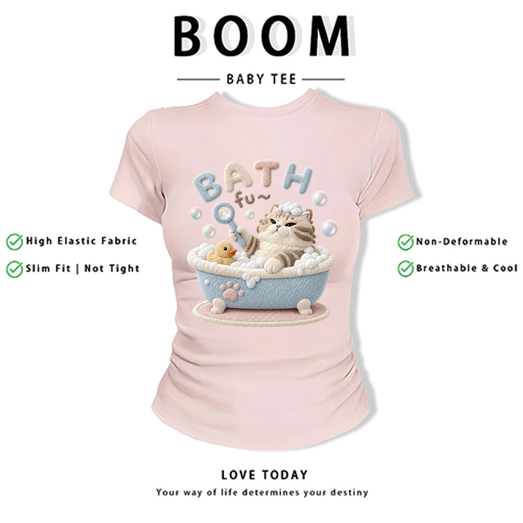 BOOM Áo Baby Tee Nữ Cotton Ôm Body-Áo Thun Ngắn Tay Y2K In Hình PhongCách Mùa Hè, Cổ Tròn Hàng Đầucách hàn quốc phong&85