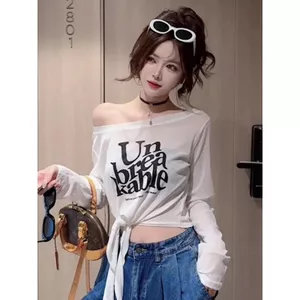 Phong cách Pure Desire Tính khí Hot Girl Slanted Vai Letter Áo sơ mi chống nắng dài tay phong cách mới buộc dây dáng rộng mỏng hơn Look Top