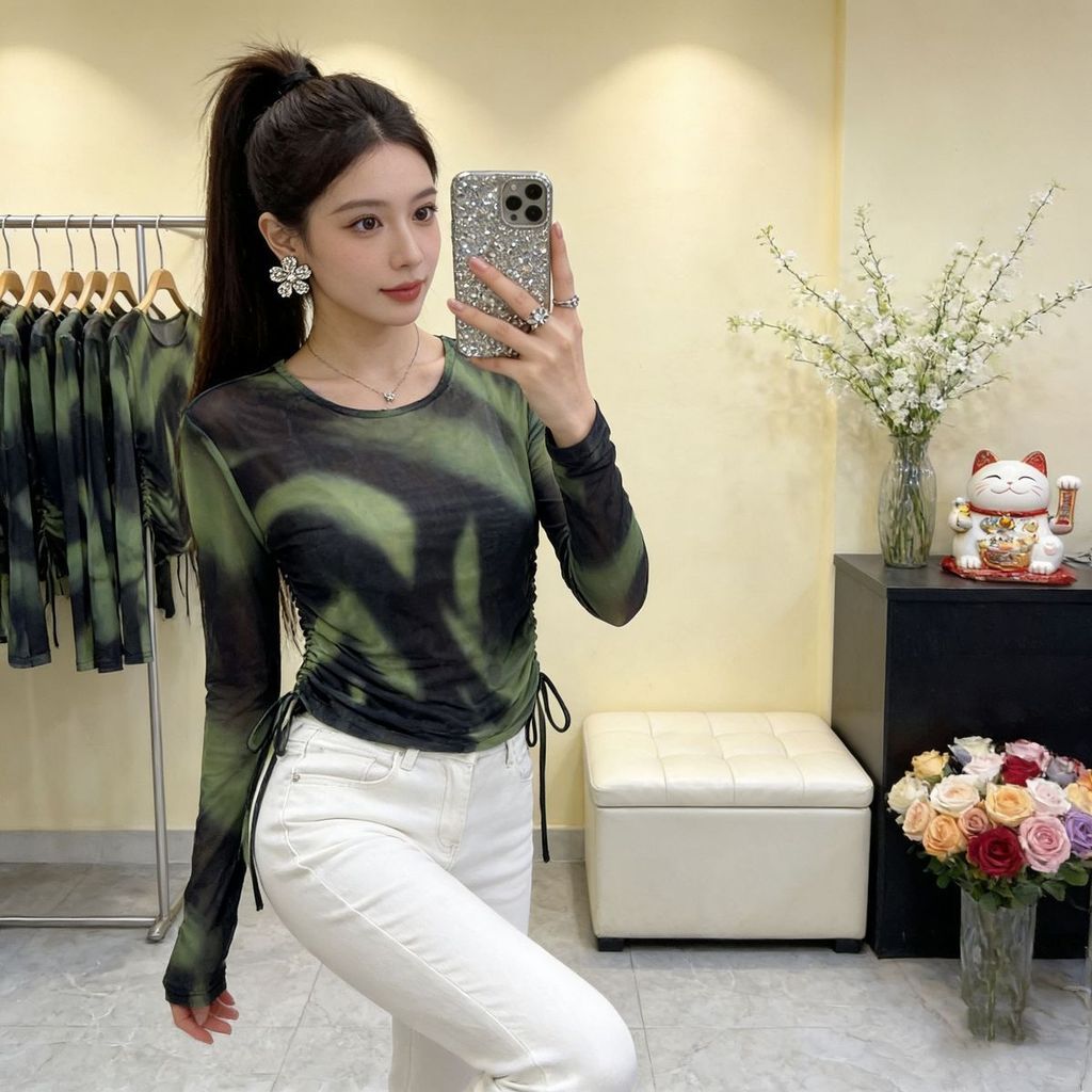 Áo Lưới Mỏng Tay Dài Nhuộm Màu Thời Trang Mùa Hè