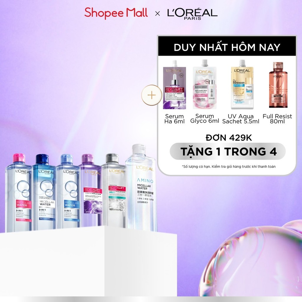 [AMINO MICELLAR MỚI] Nước tẩy trang làm sạch sâu, loại bỏ bụi bẩn & trang điểm 3-in-1 L'Oreal Paris Micellar Water 400ml