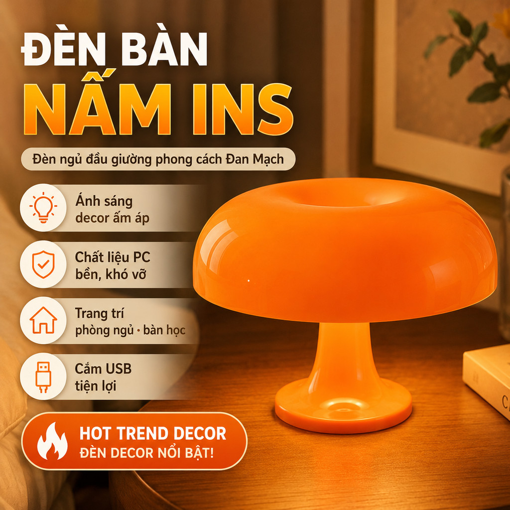Đèn Bàn Hình Nấm Màu Cam – Chụp Nhựa Acrylic, Phong Cách Hiện Đại Tối Giản, Để Đầu Giường, Sạc USB