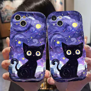 Ốp Lưng Cho OPPO A6 A5X A3 A96 A95 A92 A77S A76 A74 A60 A58 A57 A54 A53 A52 A38 A18 A17 A16 A15 A5 A9 A3S F9 Pro Kem Sóng Cong Cạnh Họa Tiết Mèo Đen NYK302