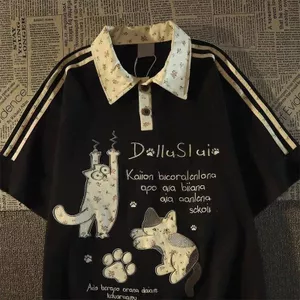 Mùa Hè 100% Cotton Tay Ngắn Cổ POLO Hoa Nhỏ Áo Thun Nữ Phiên Bản Hàn Quốc Thêu Mèo Con Lười Giữa Chiều Dài Top