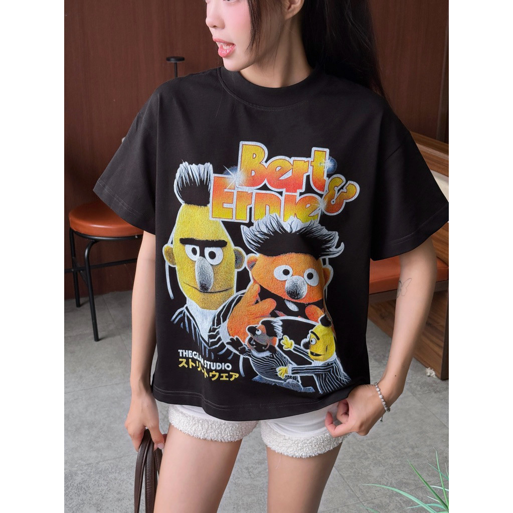 （Giao hàng 24h）Angela - Áo Thun Đen "Bert & Ernie" Form Boxy UNISEX - TS05-14