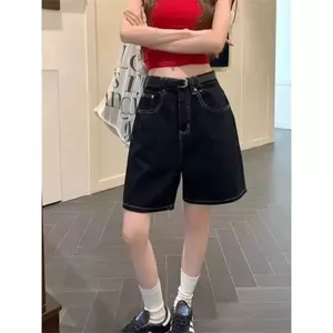 Quần short Denim năm điểm màu đen Mỹ lưng cao thẳng phiên bản ống rộng mùa hè đường phố thông thường phù hợp