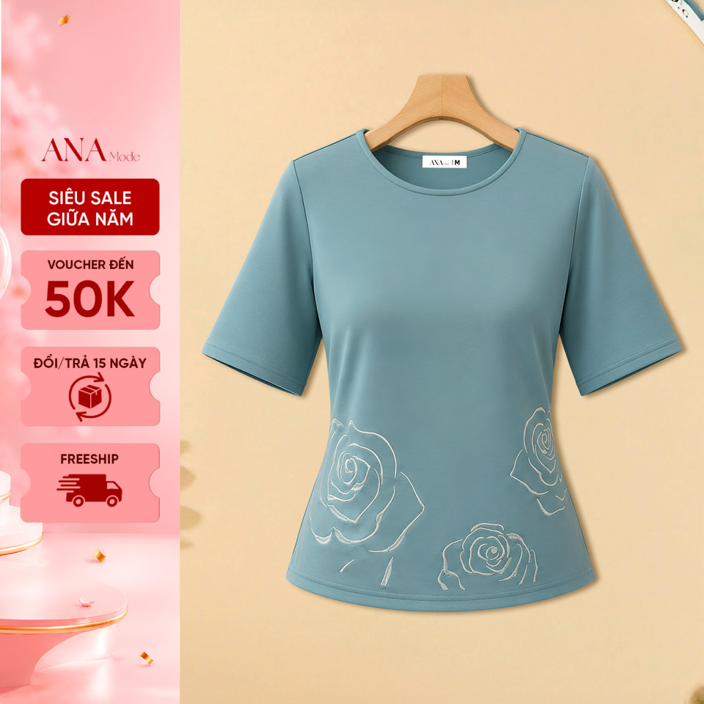 Áo Thun Thêu Hoa Trung Niên ANA Mode Chất Liệu Cotton Mềm Mịn Mát Đi Chơi Quà Tặng Mẹ AK25VBK12