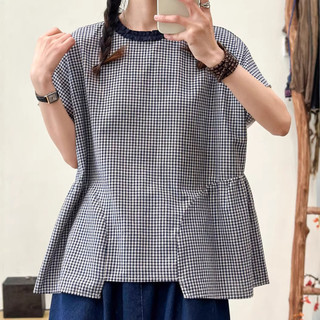 [Sẵn] Áo sơ mi nữ cổ ren cổ điển, caro, dáng rộng tay ngắn, vải cotton linen cao cấp