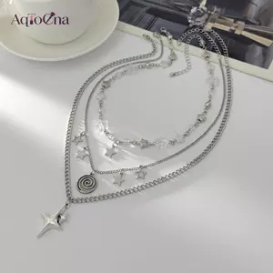 AqToCna Y2K Kim Loại Thời Trang Bạc Nhiều Lớp Pentagram Nelace Nữ Tuyên Bố Trang Sức Hàng Ngày Và Đảng AqToCna