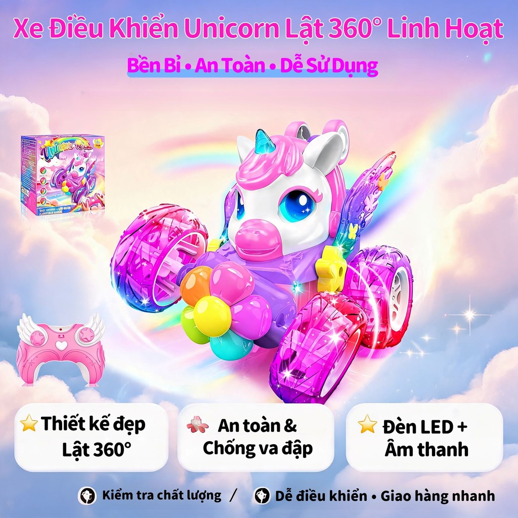 Xe Điều Khiển Từ Xa Mini Kỳ Lân Cho Bé Gái 3-8 Tuổi, Phát Sáng LED, Xoay 360 Độ, Nhỏ Gọn Chơi Trong Nhà & Ngoài Trời