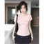 Áo thun ngắn tay đeo vai màu hồng miu Series dành cho nữ mùa hè in chữ hẹp mỏng hơn trông cô gái hấp dẫn