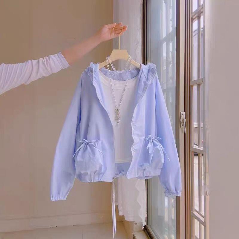 [Giảm giá trong thời gian có hạn] Áo khoác chống nắng có mũ trùm đầu ren mỏng mùa hè thời trang Thiết kế nơ bỏ túi mỏng hơn