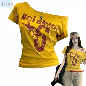 Áo đeo vai JVSUB, Tay ngắn in chữ Y2k, Cổ xiên thời trang Body Crop Top Phong cách cổ điển