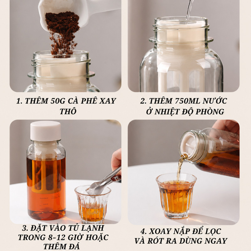 Bình Ủ Lạnh Cold Brew 500ml,Thủy Tinh An Toàn,Dễ Vệ Sinh,Dễ Mang Theo,Kèm Túi Chống Sốc,Gia Đình Và Văn Phòng