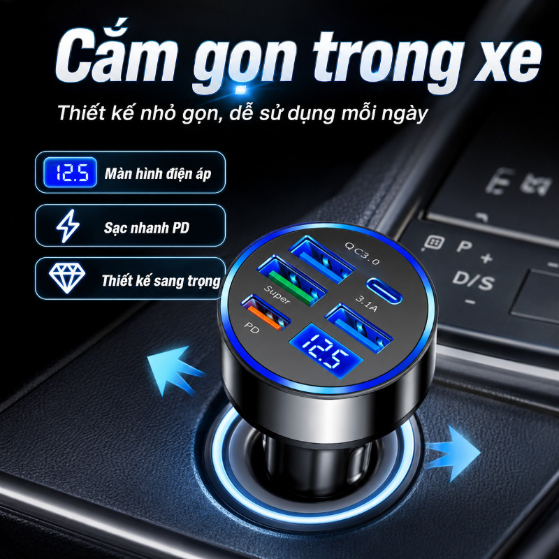 Tẩu Sạc Ô Tô Nhanh 12V/24V, 6 Cổng USB C PD QC3.0, Sạc Nhanh 300W Có Đèn LED, Màn Hình Hiển Thị