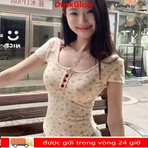 Áo thun nữ DUSKGLOW, giả-2 mảnh có đệm ngực, màu sắc tương phản nút áo sơ mi tay ngắn hoa