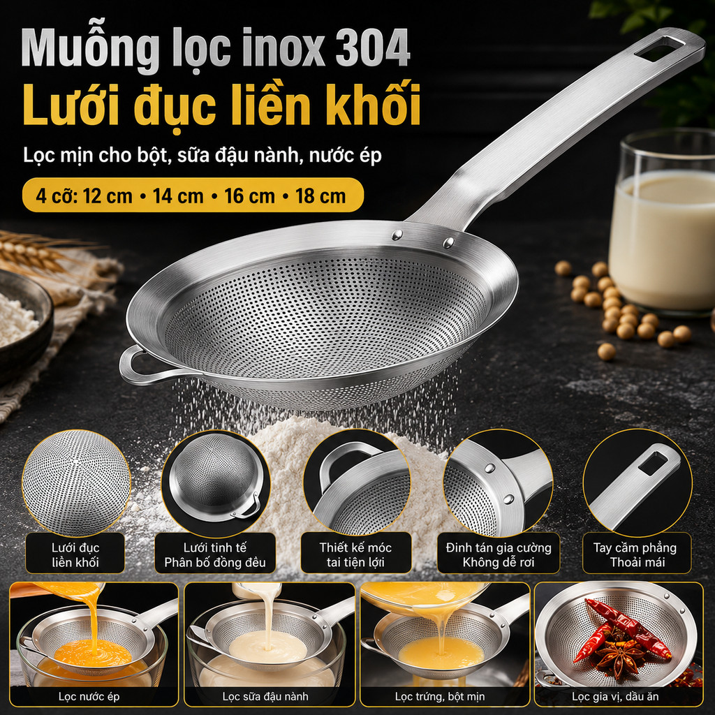 Rây Lọc Inox 304 Đa Năng - Lưới Lọc Cháo, Lọc Cua, Vớt Bọt Lẩu, Tách Dầu Mỡ, Muôi Thủng, Dễ Vệ Sinh
